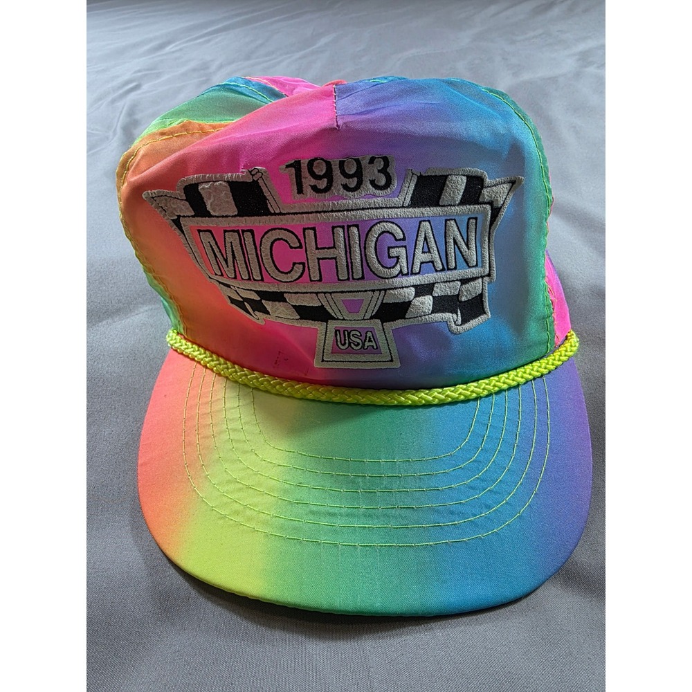 90s Vintage Michigan Speedway USA Hat OSFA Rainbow Neon Nylon Otto Cap